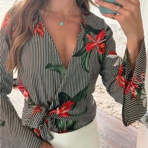 GIRL IN MIND Black & White Striped Tropical Print wrap top